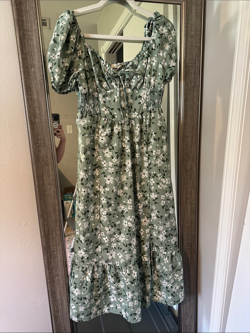 Blush Sage Green Floral Puff-Sleeve Dress